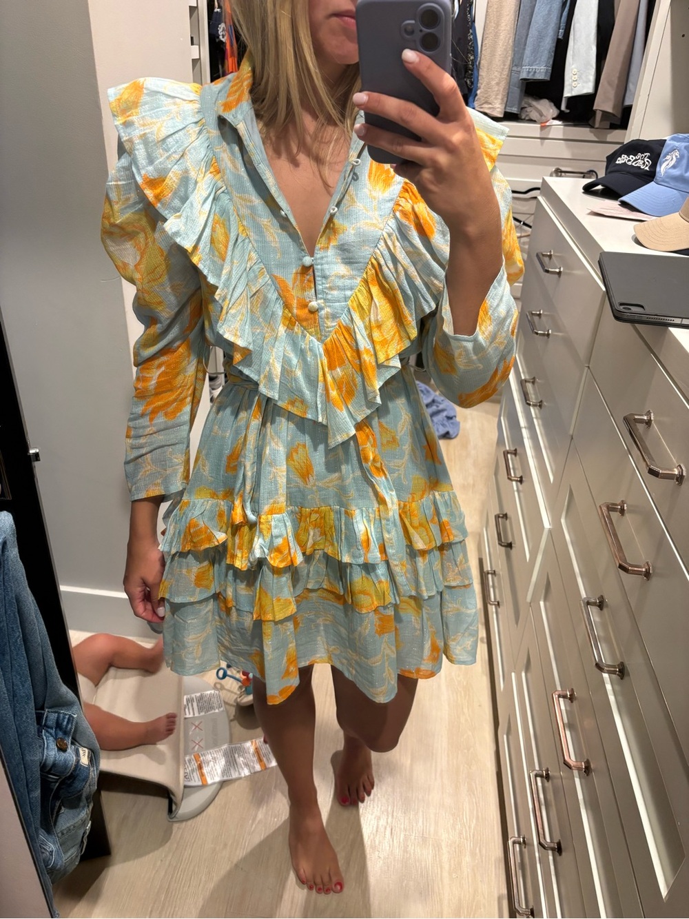 Ruffled Floral Mini Dress in Sky Blue & Yellow